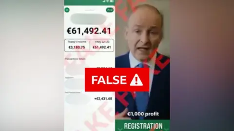 A split-screen image showing a banking app balance beside a man in a suit, with a large red "FALSE" warning across the centre.