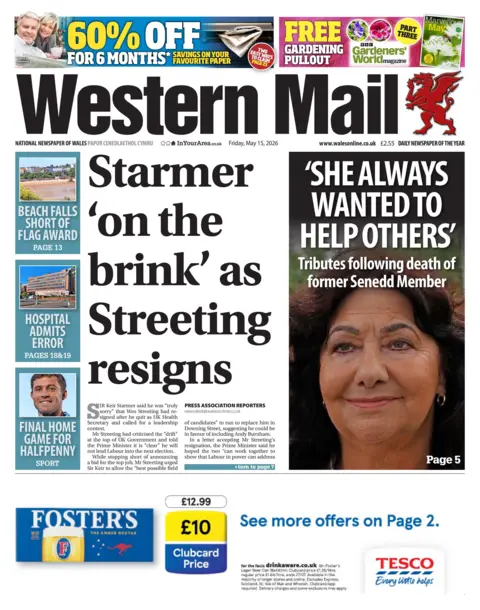 Western Mail Front page of the Western Mail. The headline reads 'Starmer 'on the brink' as Streeting resigns'.
