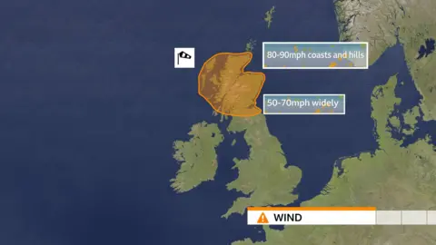Graphic showing the area of Scotland affected by the amber wind warning