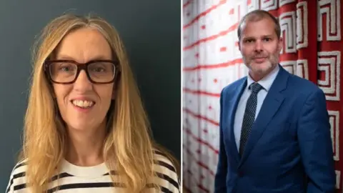 University for the Creative Arts On the left, Melanie Grey wears glasses and a black and white striped Breton fisherman's jersey, on the right Mark Ellul wears a blue suit and tie with a white shirt.