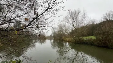 A lake on a winter's day, grey sky, trees with no leaves reflected in the water.