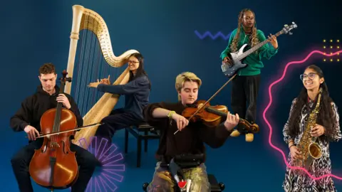 Eljay Briss A composition image of the musicians playing their instruments against a deep blue backdrop. In the centre is a musician playing the violin, to their left a man plays the cello, behind him a woman plays the harp, another woman plays the bass in the background and to the right of the image a woman is smiling and holding a saxophone.