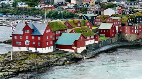 Red houses with blue and green roofs in the Faroe Islands along the shore with the sea in the foreground