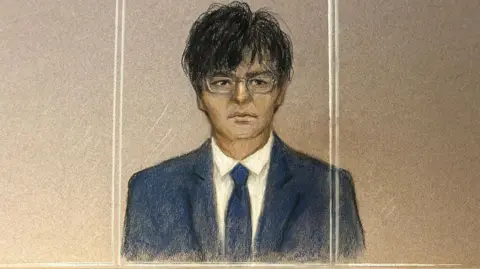 Court sketch of Zhenhao Zou, a man with black hair wearing a blue suit, white shirt and blue tie, sitting in the dock behind glass panels earlier in the trial