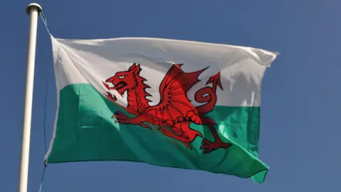 A Wales flag, with a red dragon on a white and green background, flying from a white flagpole in front of a blue sky