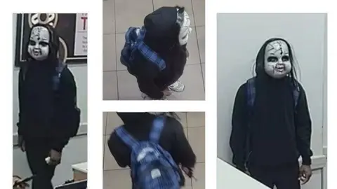 Philadelphia Police Department A suspect in a Chucky-style mask is seen in surveillance photos shared by Philadelphia police.
