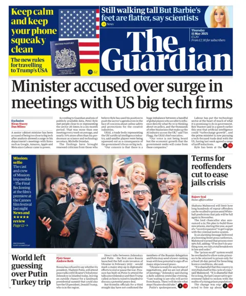 The headline on the front page of The Guardian reads: "Minister accused over surge in meetings with US big tech firms".