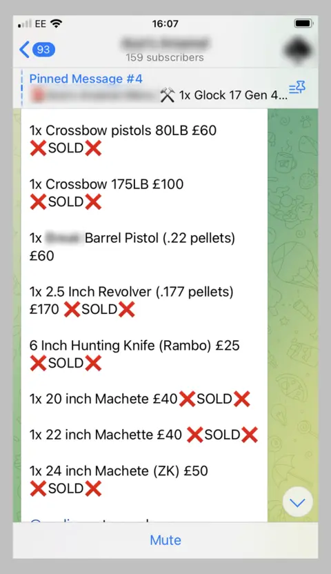 A screenshot from a Telegram group selling knives