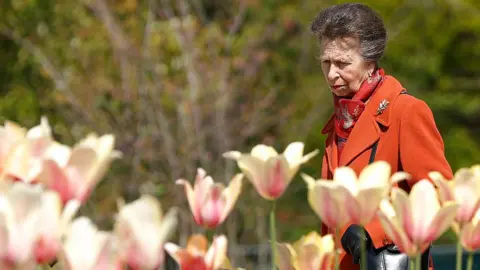 Getty Images Princess Anne is captured in a profile shot, looking down at a bed of blooming tulips. She is wearing a orange coat paired with a red patterned scarf and black gloves.