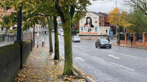 Scene showing a road with cars travelling across. There are autumn leaves on the ground and trees either side of the road. To the right, a mural to King William III.