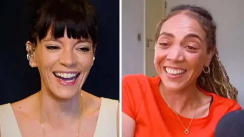 A composite image showing two women laughing.