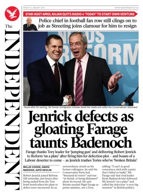 The headline on the front page of the Independent reads: "Jenrick defects as gloating Farage taunts Badenoch."