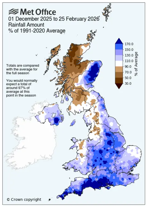 A map of Ireland and the UK showing rainfall statistics. 