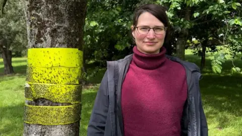 A woman with dark hair and glasses, she is wearing a black coat and maroon jumper. Behind here is a tree with a yellow sticky trap and bugs stuck to it.