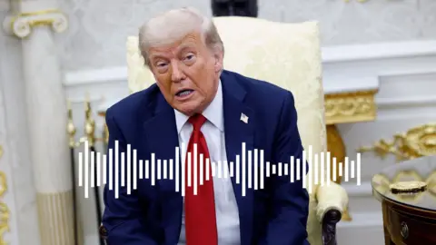 Donald Trump seated on a yellow chair with a white waveform graphic across his body