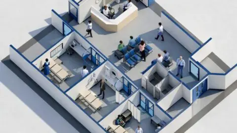 SaTH An artist's impression of the new unit from above. It is a square shape divided by walls into rooms inside. Along the left hand side are three rooms with double glass doors and medical beds, curtains and desks inside. On the top right there is a reception area with a large white desk and a front door next to it. In the bottom right is a waiting area with blue chairs and several smaller rooms and blue double exit doors