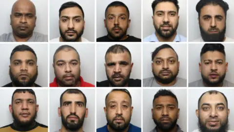West Yorkshire Police Fifteen police mugshots of men with short brown hair.