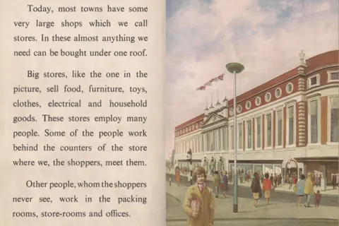 Ladybird Ladybird book double page - one of text and the other an illustration. The illustration shows a large store with rows of windows. People are depicted on the street outside the shop, wearing 1970s fashion. A woman is shown looking at the reader, wearing a camel overcoat and holding a handbag under her arm.