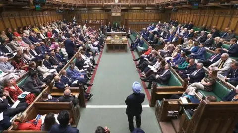 Wide view of a busy House of Commons chamber with MPs debating the assisted dying bill