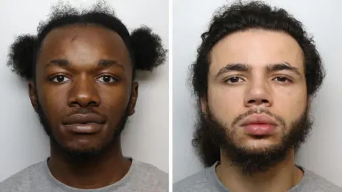 Two mug shots side by side of two men wearing grey t-shirts. 