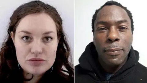 File photos issued by Greater Manchester Police (GMP) of Constance Marten and Mark Gordon. It is a composite image, with Constance Marten on the left and Mark Gordon in a different image on the right. Both are looking directly at the camera.