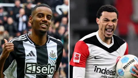 A split image of Newcastle striker Alexander Isak (left) and Eintracht Frankfurt striker Hugo Ekitike (right) celebrating after scoring