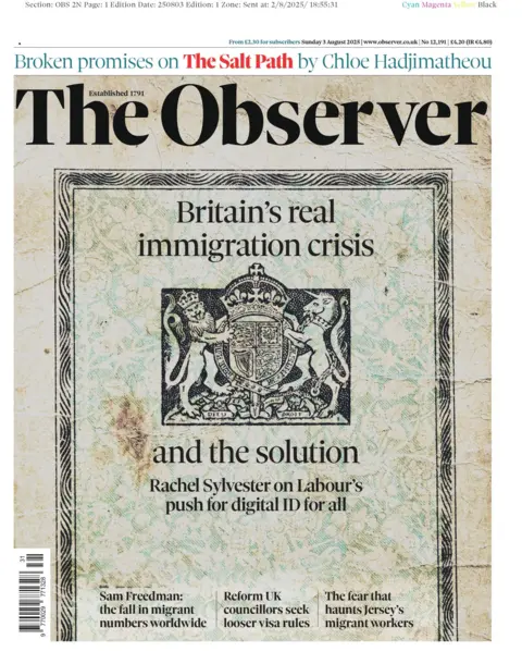 BBC "Britain's real immigration crisis and the solution" reads the headline on the front page of The Observer.