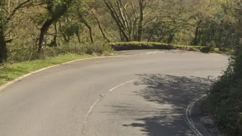 Google Maps The sharp bend at the Spitchwick junction is lined with an old stone wall covered in moss and lined with trees.