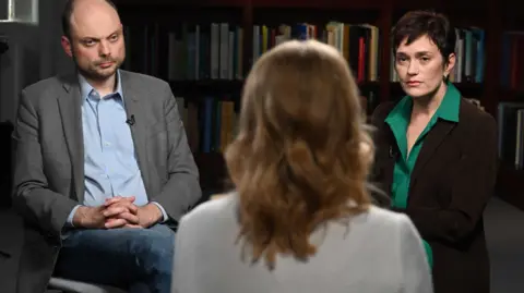 Vladimir Kara-Murza and his wife Evgenia sit opposite Laura Kuenssberg during a BBC interview