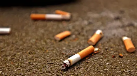 A stock image of cigarette butts on the street.