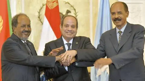 Eritrea's President Isaias Afwerki (R) shaking hands with his Egyptian counterpart Abdul Fattah al-Sisi (C) and Somalia's President Hassan Sheikh Mohamud (L) in Asmara