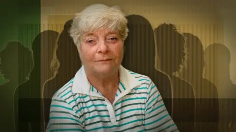 BBC A composite image featuring a recent photo of Sheenagh, a woman with short hair wearing a striped top, flanked by silhouetted figures on either side of her representing the other anonymous women accusing Al Fayed