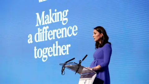 Catherine wore a blue Seraphine dress during an appearance in February 2018