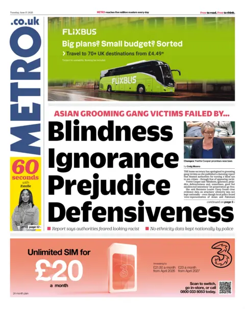 The headline on the front page of the Metro reads: 