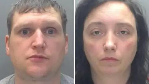 Durham Police Mugshots of Christopher Stockton and Paula Roberts. Stockton has short brown hair. Roberts has long black hair.