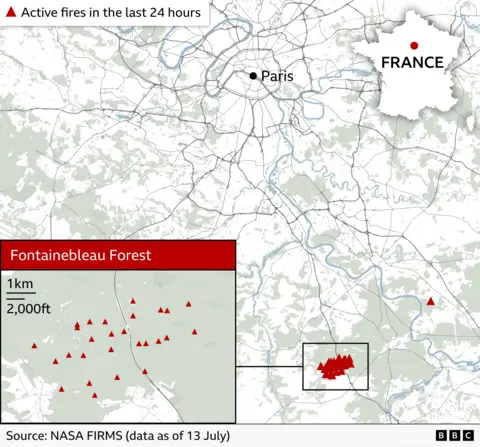 A map of France centred on Paris, highlighting a cluster of active fires detected in the past 24 hours. Red triangular fire icons are concentrated in the Fontainebleau Forest south of the city. A zoomed‑in inset shows the forest area with a scale bar labelled 1 km / 2,000 ft. The map is dated 13 July and sourced from NASA FIRMS, with the BBC logo in the lower right corner.