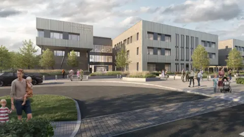 A CGI mock-up of how the Catterick Integrated Care Centre (CICC) will look. The building is rectangular, modern, with large windows and wood-effect cladding.