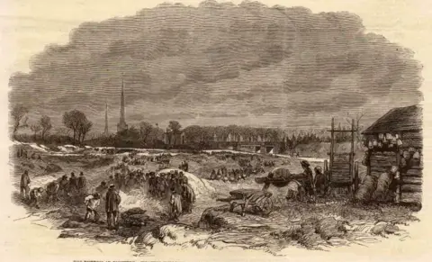 A black and white drawing showing a large field being tended to by many people. A shack is visible on the right. In the distance, a church spire and several trees can be seen.