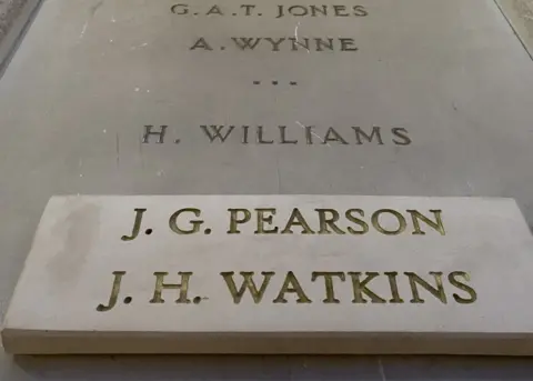 King Edward VI College Stourbridge The memorial now naming the two former students, JG Pearson and JH Watkins, with their names on a new raised piece rather than on the previously-constructed memorial.   