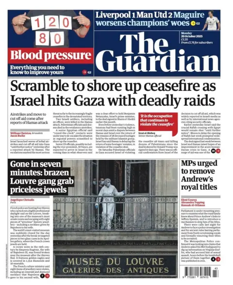 "Scramble to shore up ceasefire as Israel hits Gaza with deadly raids", reads the headline on the front page of the Guardian