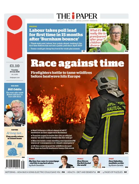 "Race against time: Firefighters battle to tame wildfires before heatwave hits Europe," reads the headline on the front page of the i Paper.