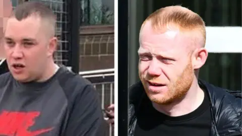 The composite image shows two men: Jake O'Brien has cropped grey/brown hair and is wearing a sweatshirt. Andrew Martin and thinning ginger hair and a thin ginger beard. 