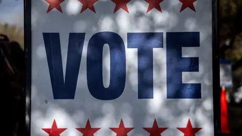 A "vote" sign pictured during a primary election in Texas