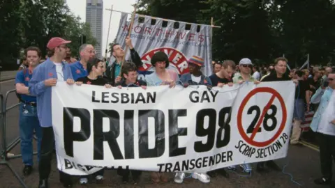 Getty Images Demonstrators in a march hold a large banner saying 'Pride 98 - Scrap Section 28'