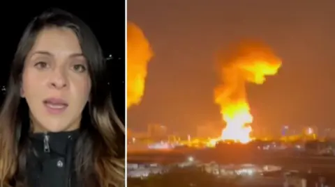 Split screen of reporter in Caracas with explosion to the right hand side 
