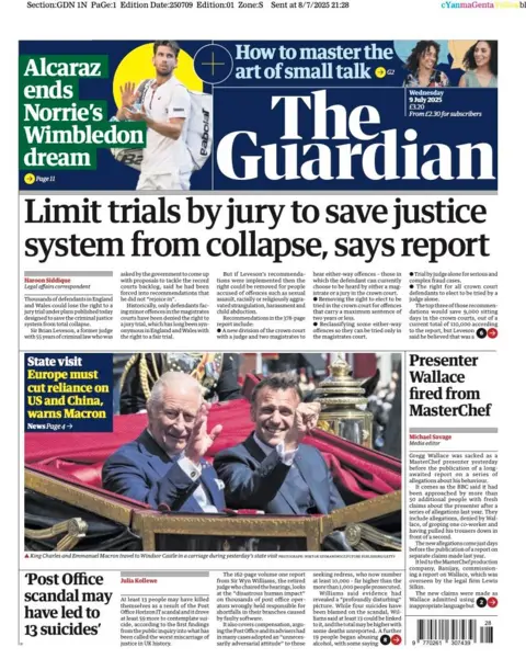 "Limit trials by jury to save justice system from collapse," is the headline on the front page of the Guardian