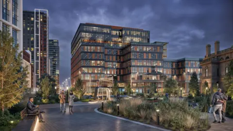 Belfast Harbour A picture showing proposed buildings in Titanic Quarter. People are walking in pathways. 