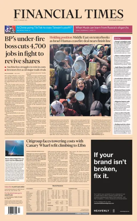 The headline on the front page of the Financial Times reads: "BP's under-fire boss cuts 4,700 jobs in fight to revive shares"