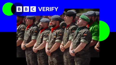 Spanish soldiers wearing differently-coloured berets stand in rows with their hands crossed in front of them. BBC Verify branding appears in the top left of the image.