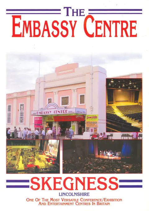 Embassy Theatre A poster, probably from about 1990, showing several images, including the pink front of the theatre before it was redeveloped and views of the auditorium. Text on the poster reads: The Embassy Centre, Skegness, Lincolnshire, one of the most versatile conference/exhibition and entertainment centres in Britain.